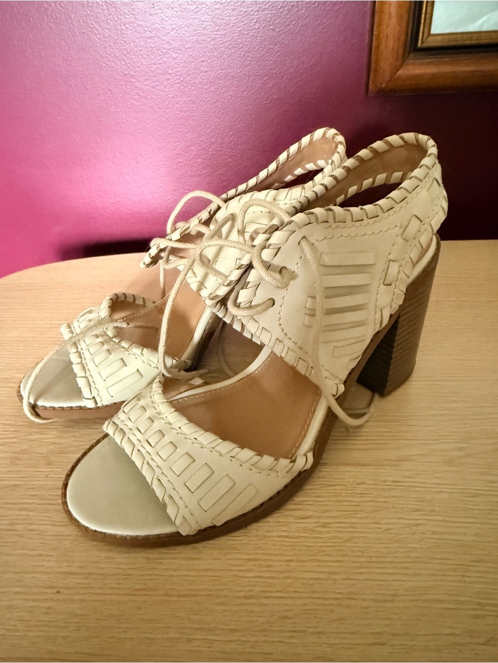 Woven Lace-Up Block Heel Sandals - Cream esprit
